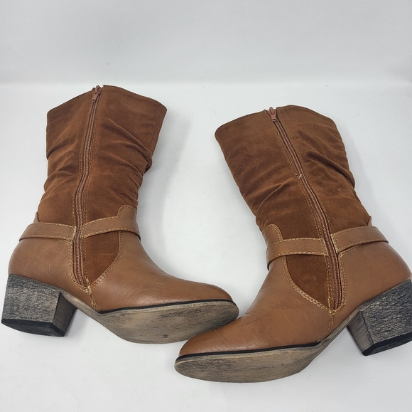 Daily Shoes Zipper Closure Harness Heeled Boots Tan Faux Suede Tan Brown Size 8 - Picture 4 of 13